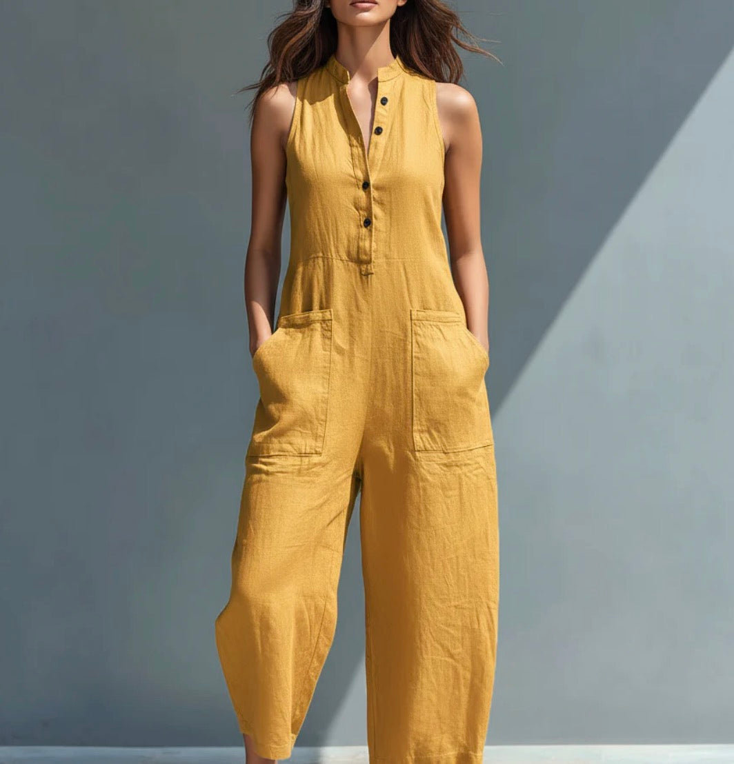 Paula | Mono minimalista de lino para mujer, sin mangas, cuello alto y botones