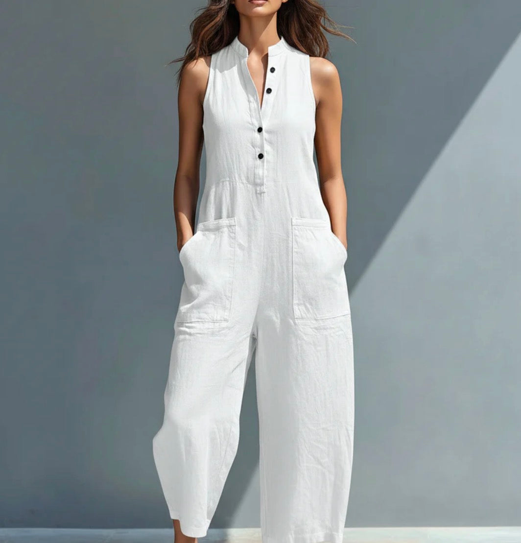 Paula | Mono minimalista de lino para mujer, sin mangas, cuello alto y botones