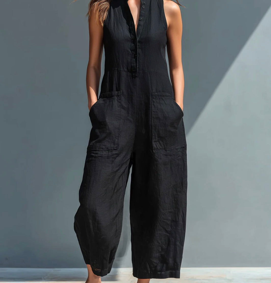 Paula | Mono minimalista de lino para mujer, sin mangas, cuello alto y botones