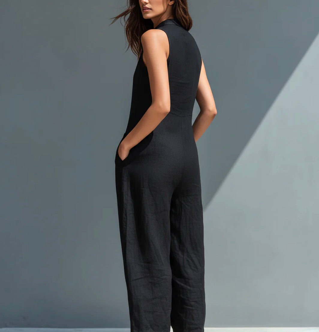 Paula | Mono minimalista de lino para mujer, sin mangas, cuello alto y botones